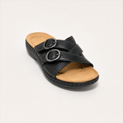 🔥 Women's Double-Buckle Leather Slides – Adjustable Comfort Sandals for Everyday Summer Style