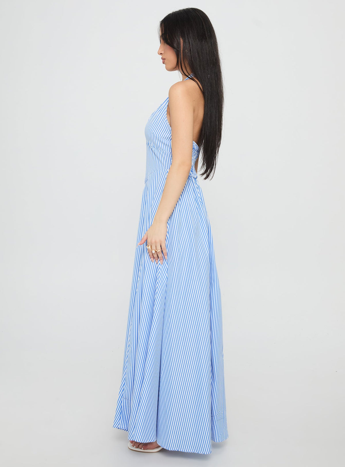Ivie Halter Plunge Maxi Dress Blue Stripe