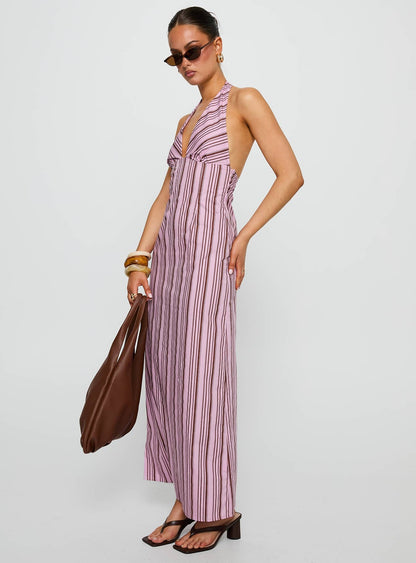 Avrie Halter Maxi Dress Pink / Brown Stripe