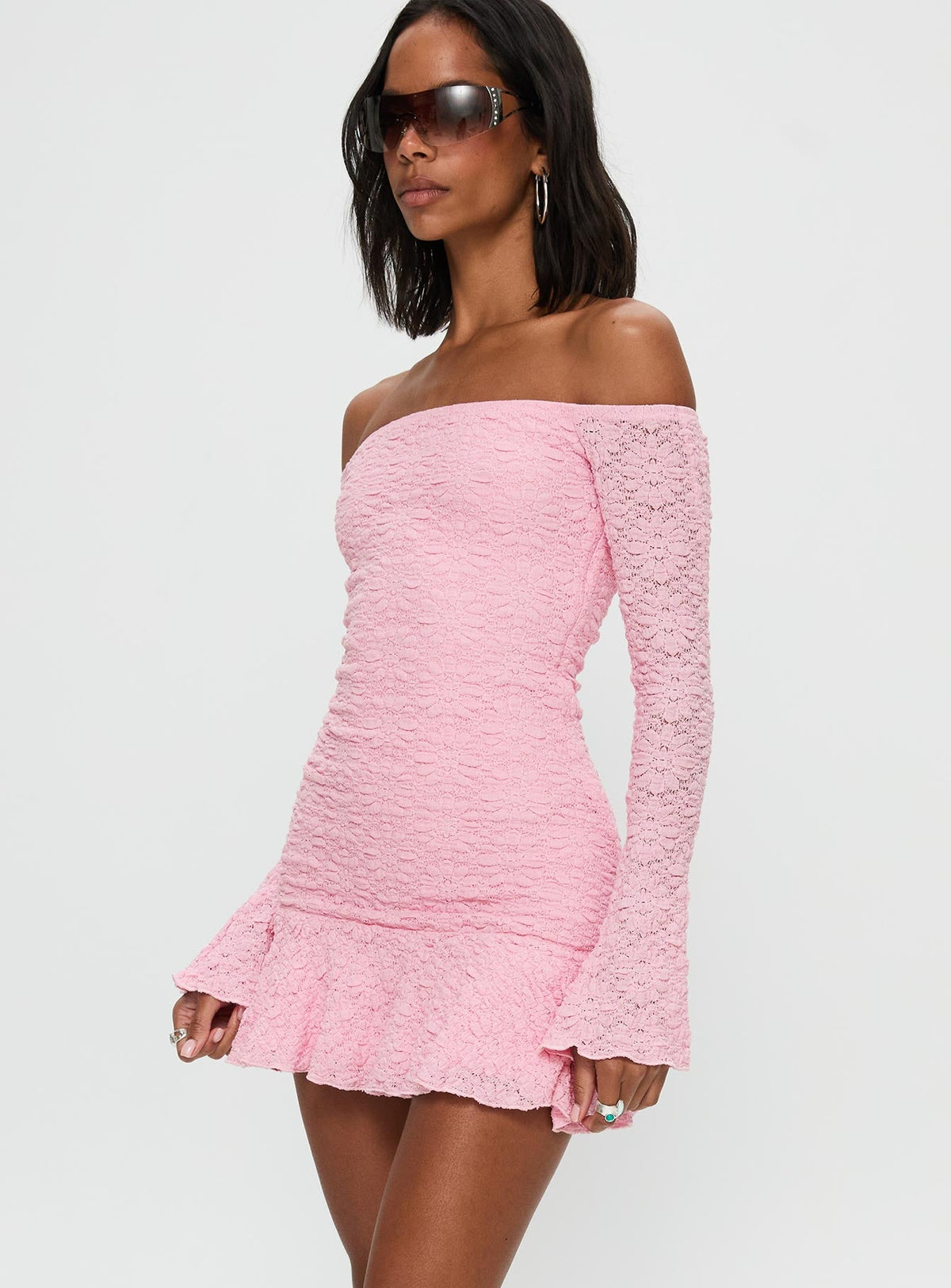 Vancesca Off Shoulder Long Sleeve Mini Dress Pink