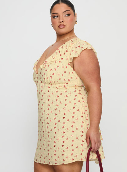 Just Me And You Frill Mini Dress Yellow Floral Curve