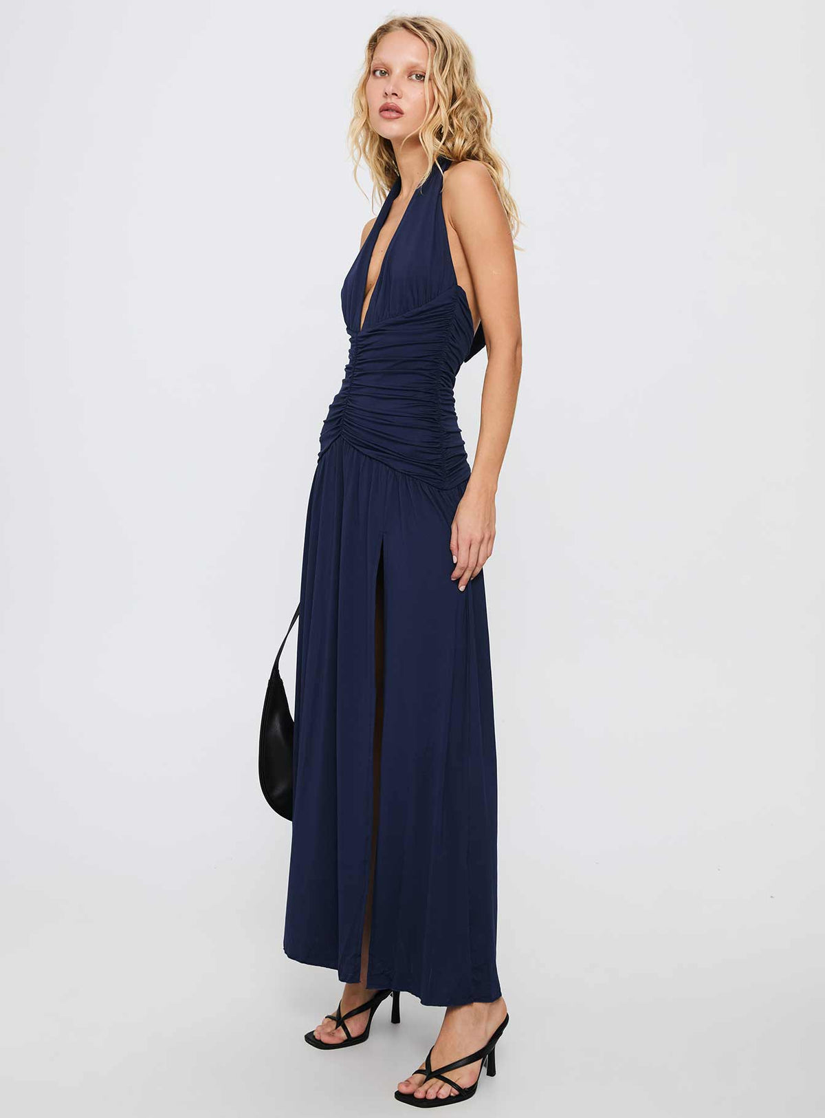 Diona Halter Ruched Maxi Dress Navy
