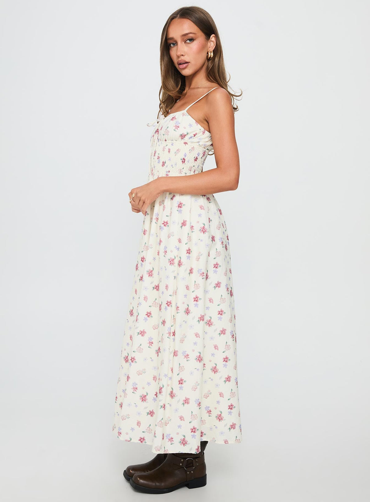 Pearle Shirred Maxi Dress White Floral