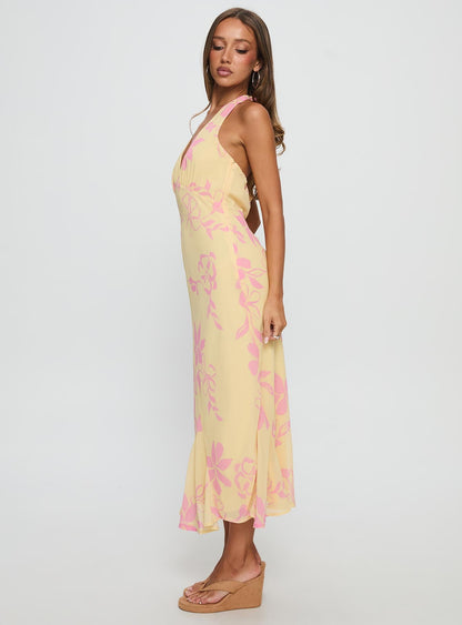 Alayla Halter Midi Dress Yellow Floral