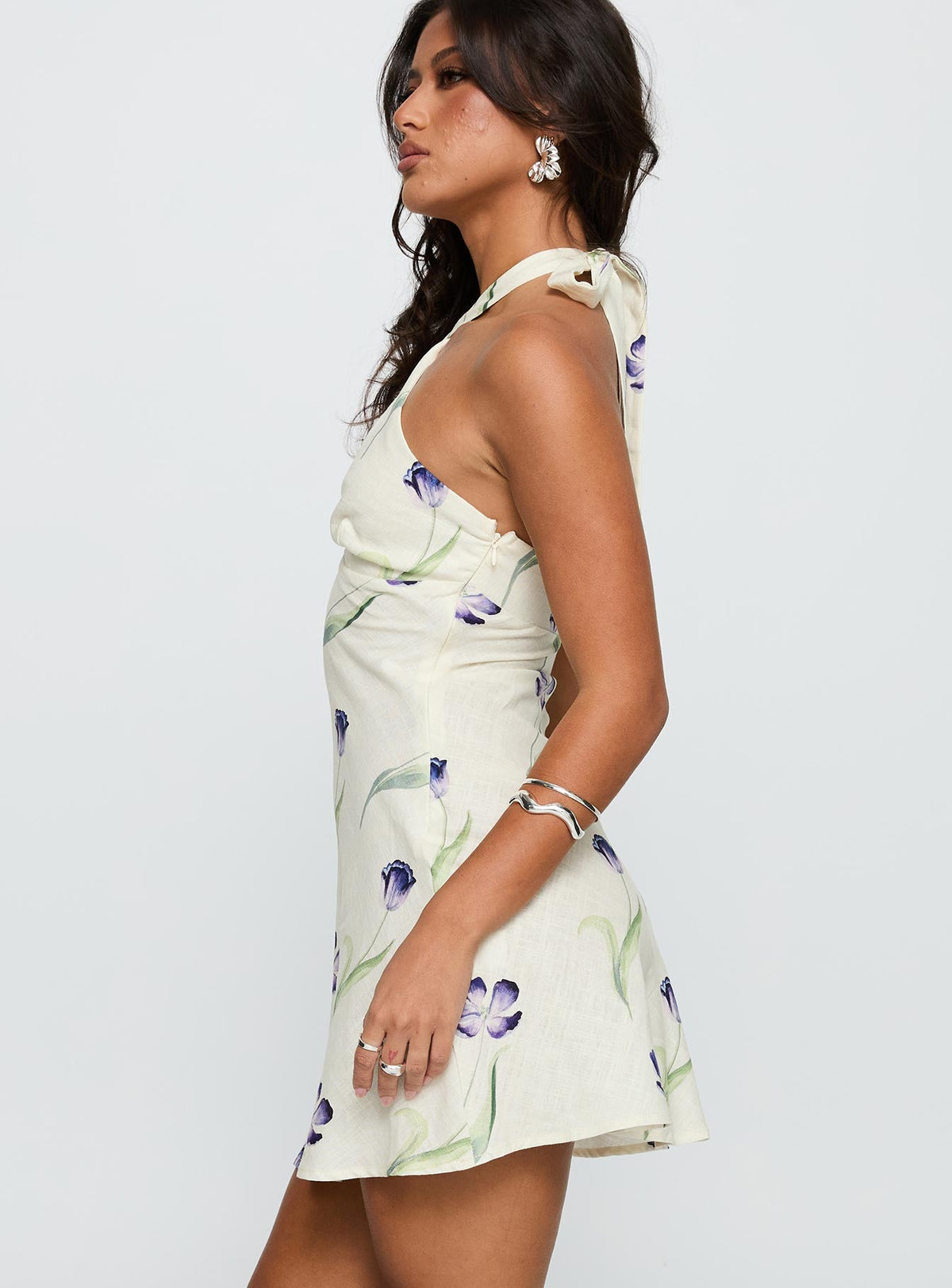 Havenna Halter Linen Blend Mini Dress Cream Floral