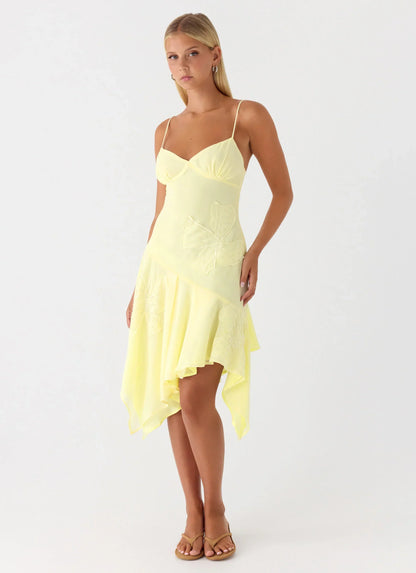 Aysha Beaded Flower Midi Dress - Yellow