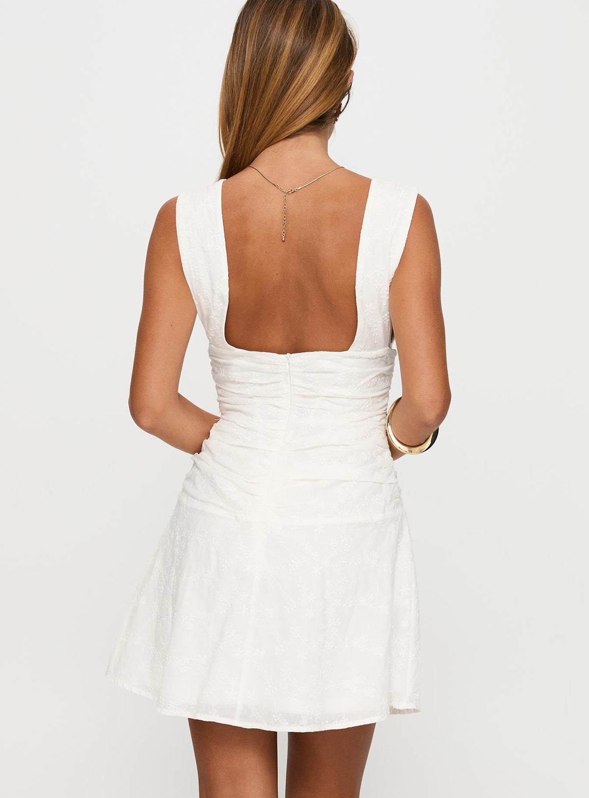 Everelle Ruched Embroidered Mini Dress White