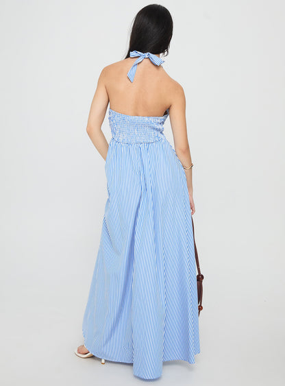 Ivie Halter Plunge Maxi Dress Blue Stripe