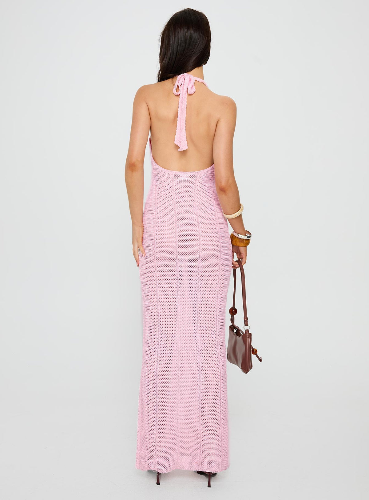 Nalanie Halter Crochet Maxi Dress Pink