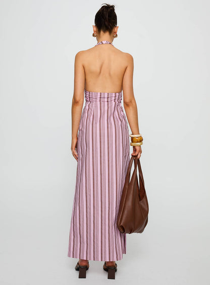 Avrie Halter Maxi Dress Pink / Brown Stripe