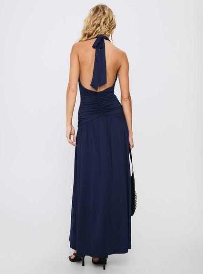 Diona Halter Ruched Maxi Dress Navy