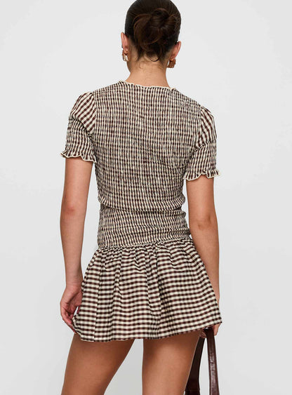 Laurita Shirred Mini Dress Brown Check Tall
