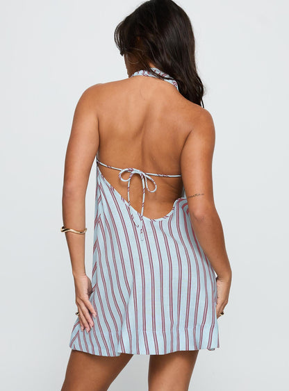 Daydreams Linen Blend Halter Mini Dress Blue / Maroon Stripe