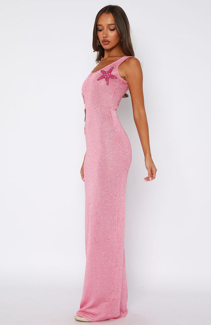 Marine Mist Sequin Knit Maxi Dress Pink