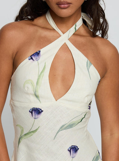 Havenna Halter Linen Blend Mini Dress Cream Floral