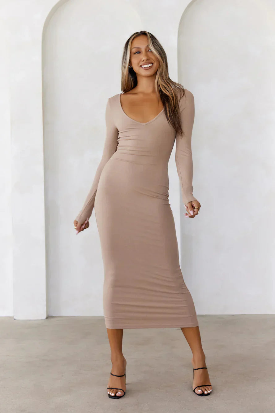 BASE The Must Own Long Sleeve Ribbed Midi Dress Latte
