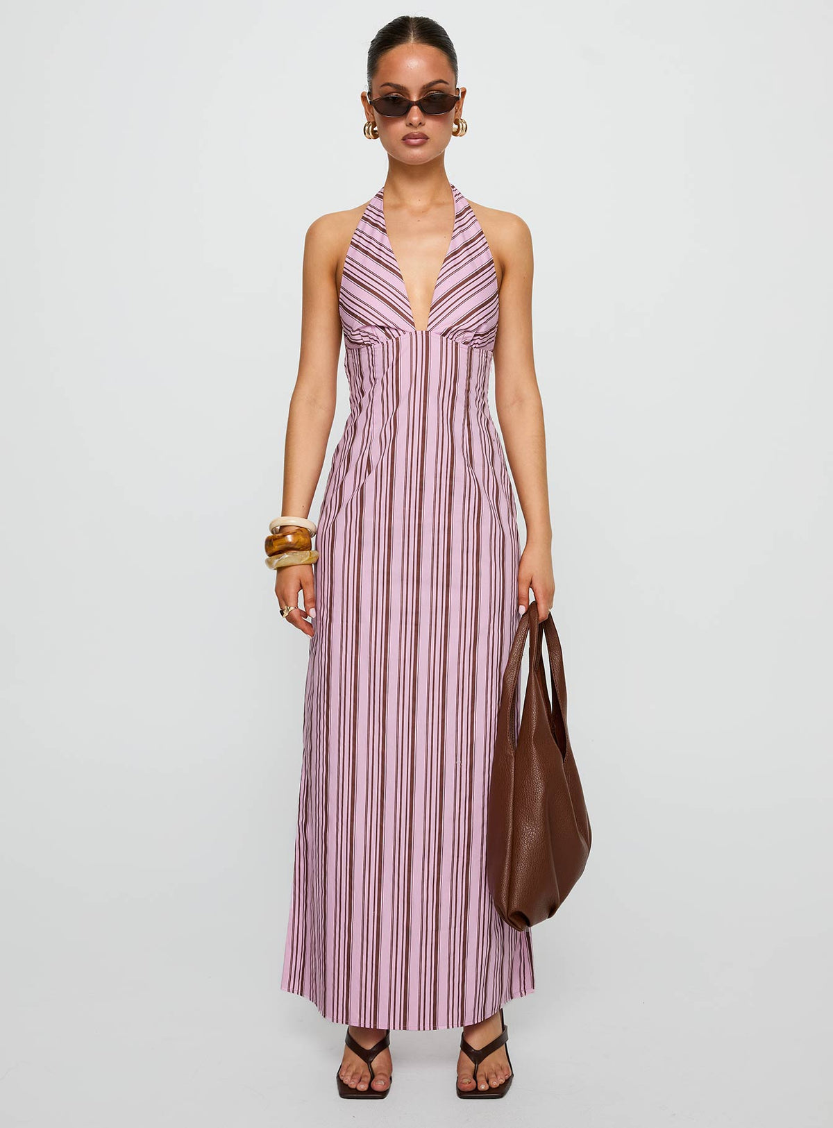 Avrie Halter Maxi Dress Pink / Brown Stripe