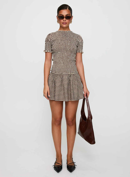 Laurita Shirred Mini Dress Brown Check Tall