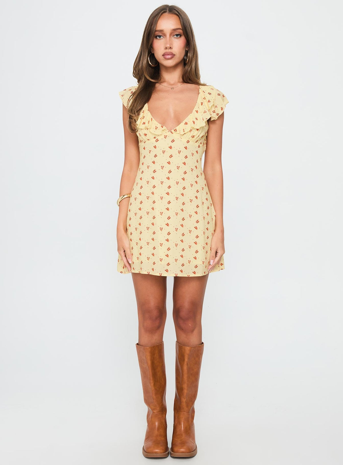 Just Me And You Frill Mini Dress Yellow Floral