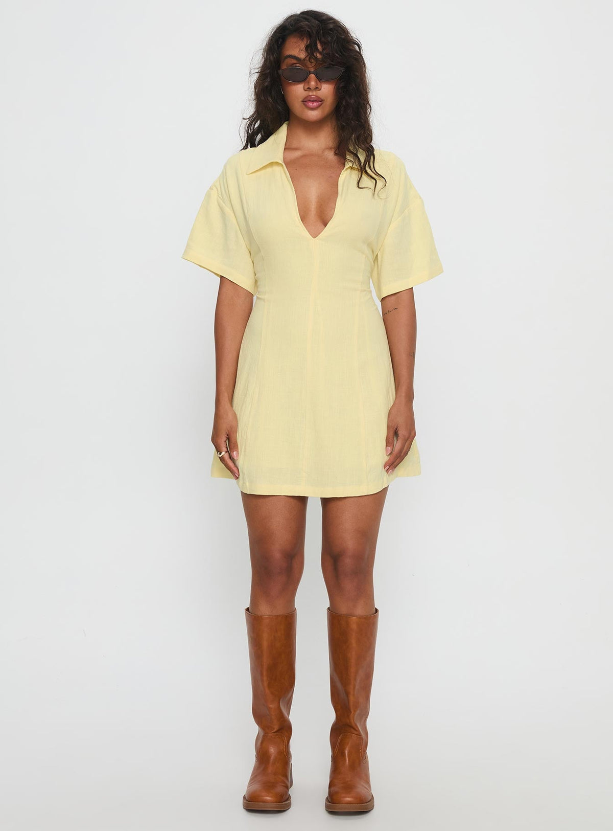 Wylla V Neck Linen Mini Dress Yellow