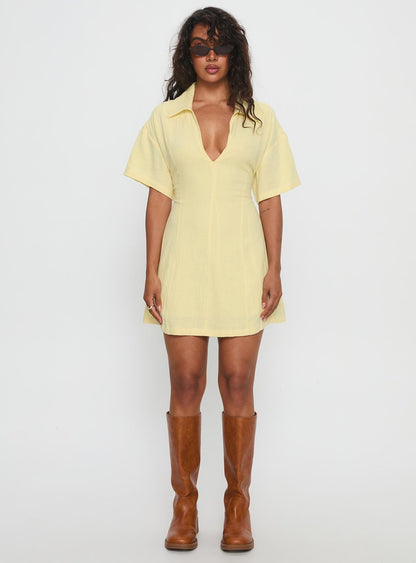 Wylla V Neck Linen Mini Dress Yellow