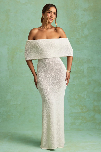 Bouclé Off-Shoulder Maxi Dress in White
