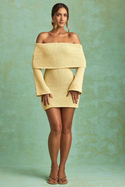 Bouclé Off-Shoulder Mini Dress in Yellow