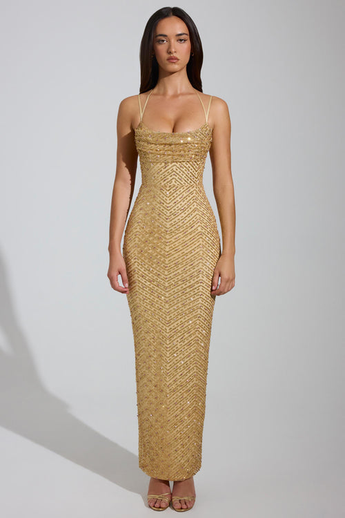 Embellished Cowl-Neck Maxi Dress in Gold