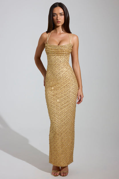 Embellished Cowl-Neck Maxi Dress in Gold