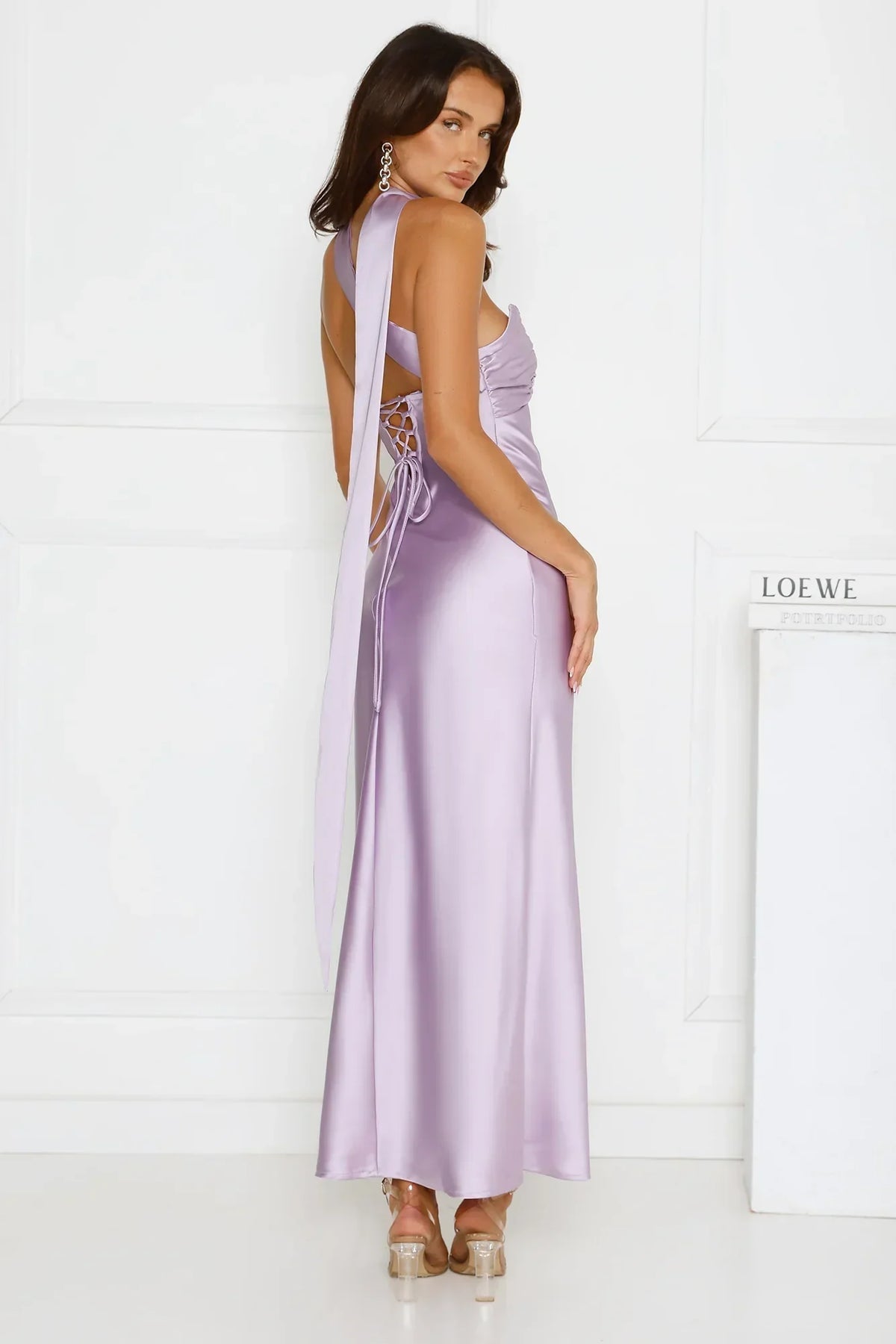 Be Noticed Strapless Satin Maxi Dress Lilac