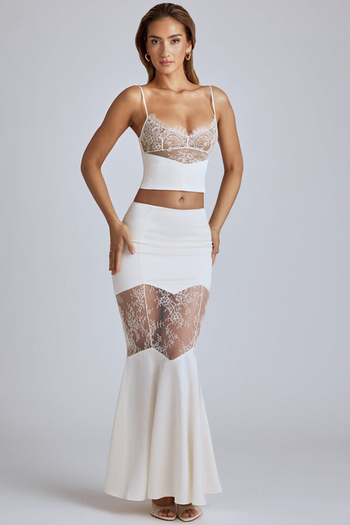Lace Panel Fishtail Maxi Skirt in Ivory