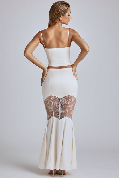Lace Panel Fishtail Maxi Skirt in Ivory