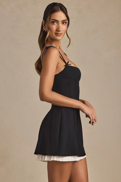 Bow-Detail Pleated A-Line Mini Dress in Black