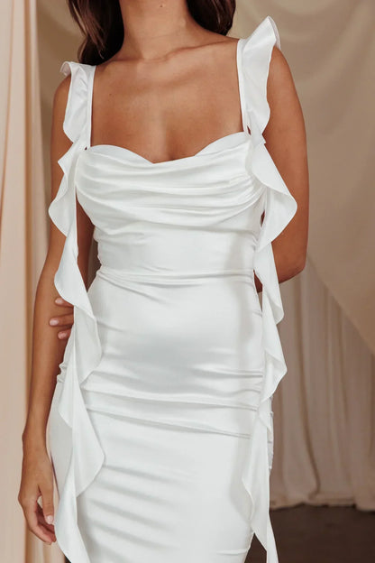 Blushing Ruffle Trim Midi Dress Oyster