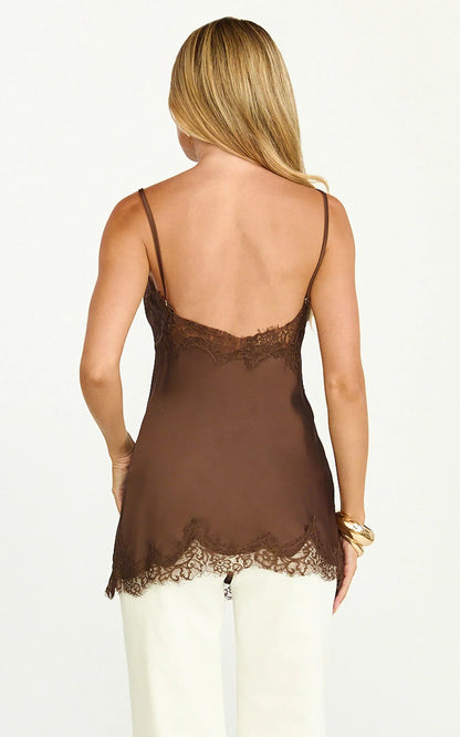 Ava Top - Lace Trim Longline Camisole Top in Chocolate