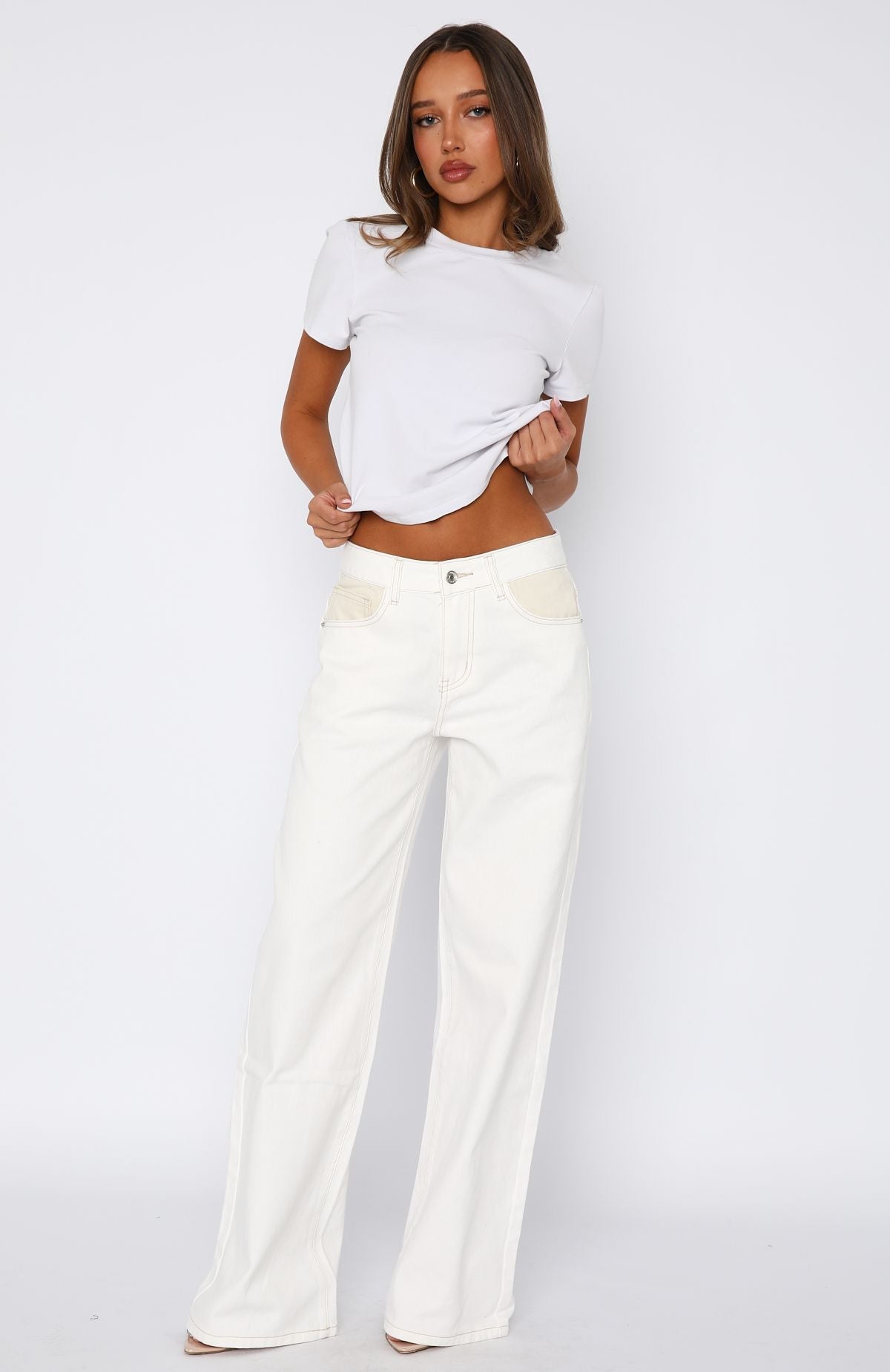 Amira Mid Rise Wide Leg Jeans White/Cream