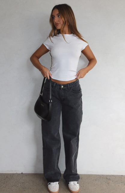 Bring The Style Low Rise Wide Leg Jeans Black Acid Wash