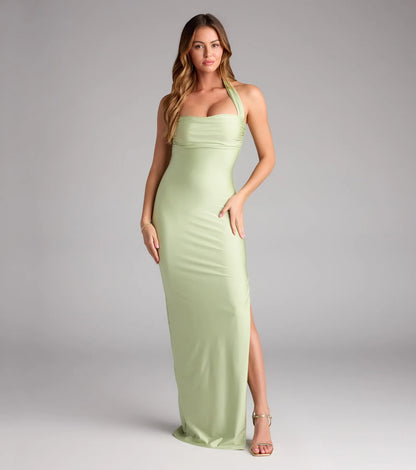 Beverly Halter Slit Long Formal Dress