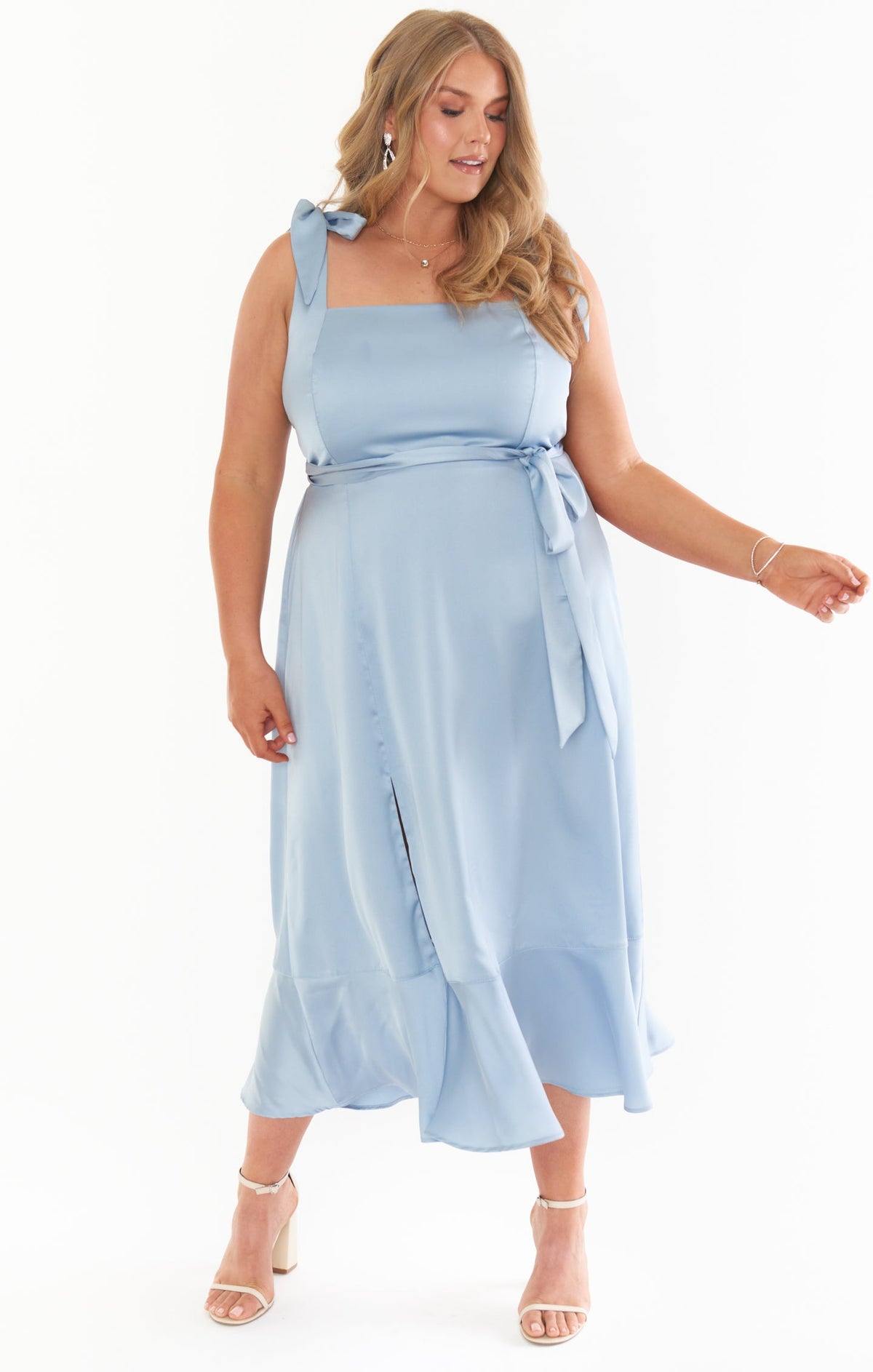Claire Midi Dress ~ Steel Blue Luxe Satin