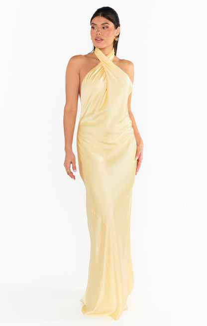 Jasmine Halter Maxi Dress ~ Pale Yellow Luxe Satin