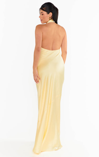 Jasmine Halter Maxi Dress ~ Pale Yellow Luxe Satin