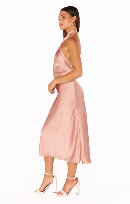Jasmine Halter Midi Dress ~ Rose Gold Luxe Satin