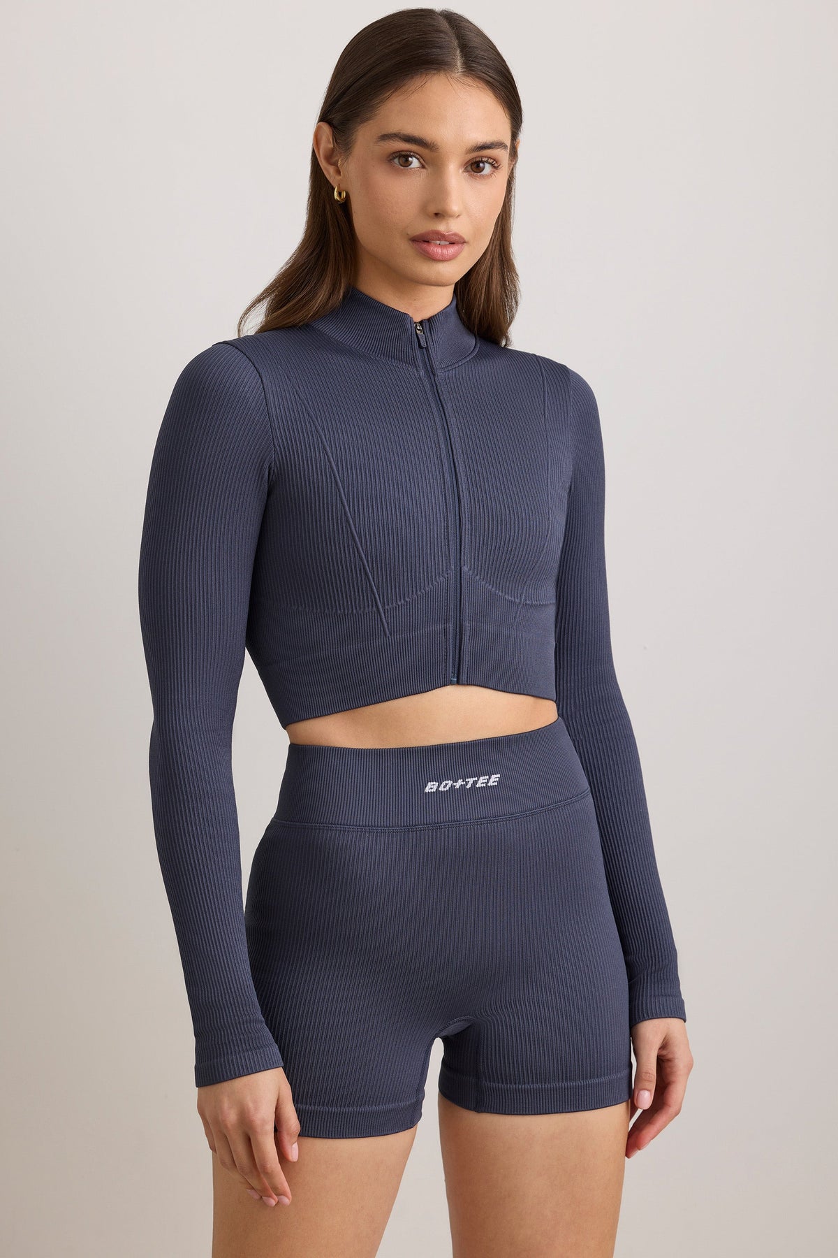 FlexiRib Zip-Up Cropped Jacket in Indigo Slate