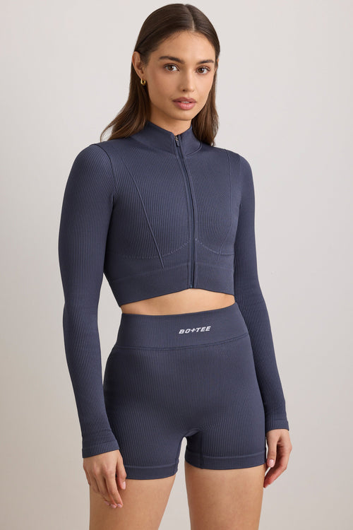 FlexiRib Zip-Up Cropped Jacket in Indigo Slate
