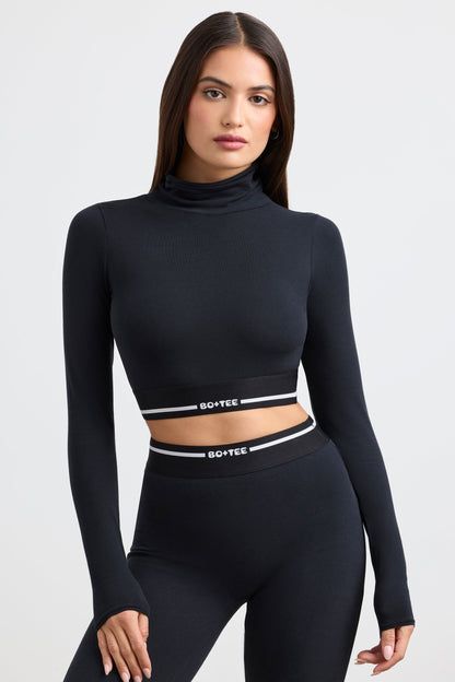 Backless Turtleneck Long-Sleeve Crop Top in Black