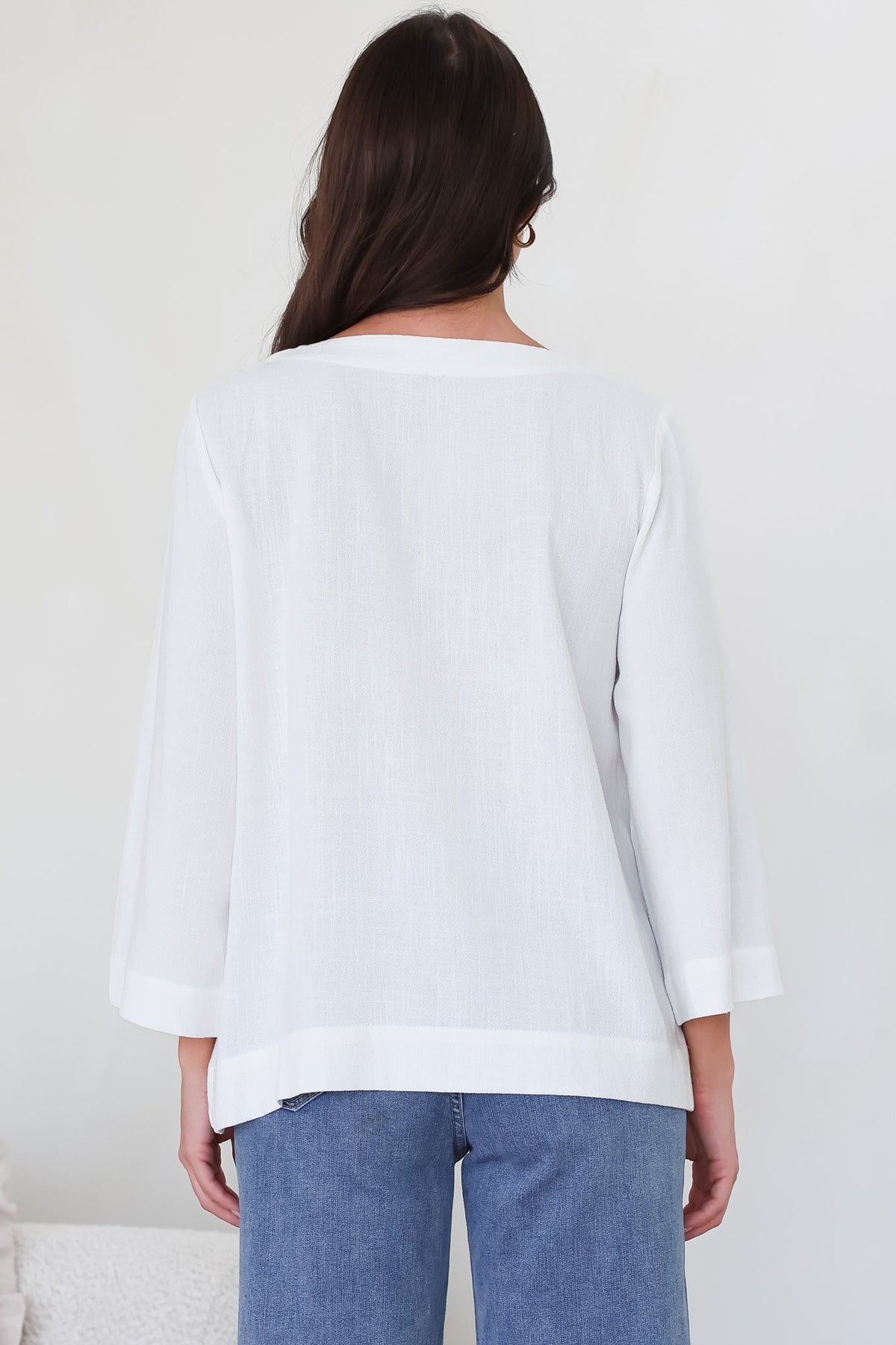 Breezer Top - Long Sleeve V Neck Pull Over Top with High Low Hemline in White