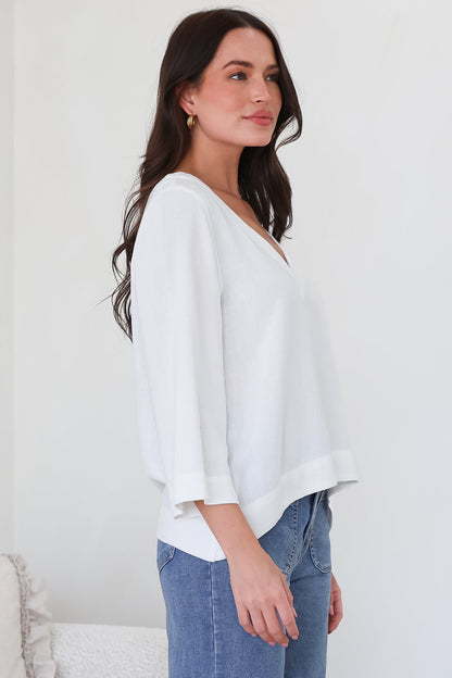 Breezer Top - Long Sleeve V Neck Pull Over Top with High Low Hemline in White