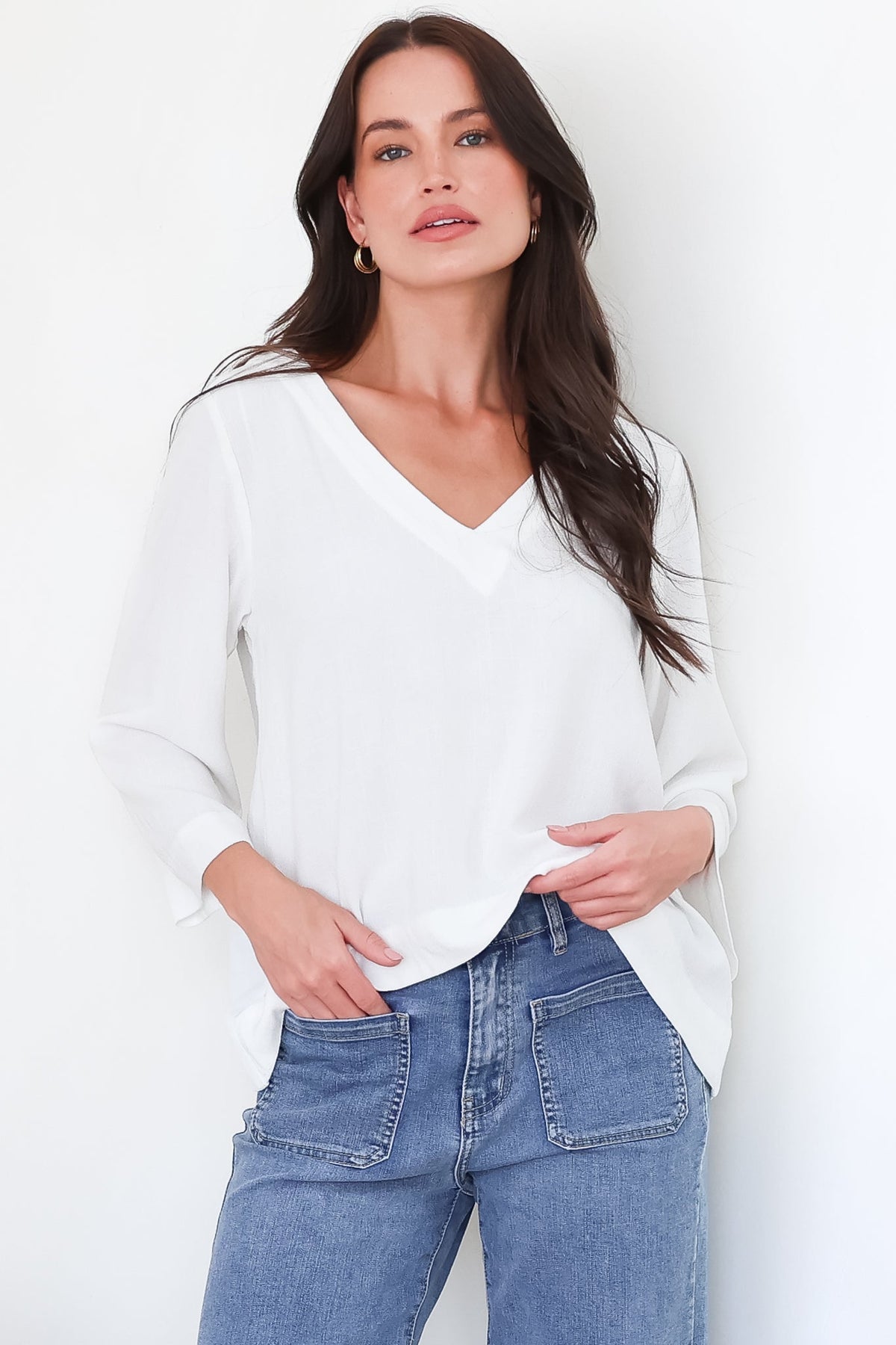 Breezer Top - Long Sleeve V Neck Pull Over Top with High Low Hemline in White