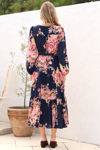 Cassandra Midi Dress - Tiered Long Sleeve Dress with Waist Tie in Vela Print Navy
