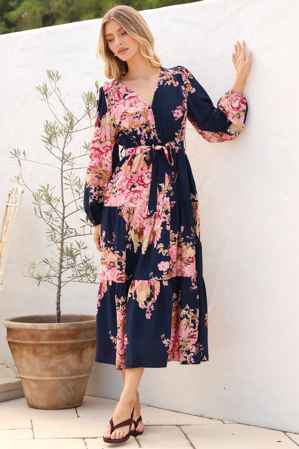Cassandra Midi Dress - Tiered Long Sleeve Dress with Waist Tie in Vela Print Navy